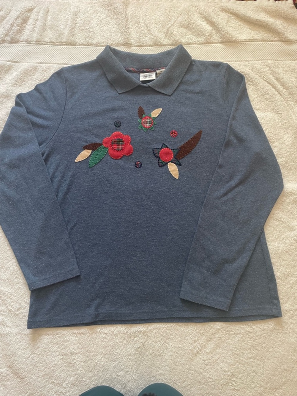 jason maxwell Navy Long-Sleeve Collared Top with Floral Appliqués